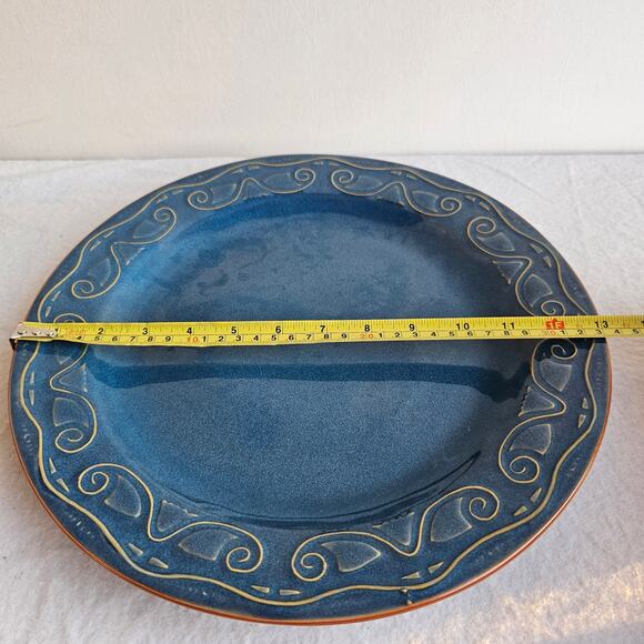 Pier 1 Large Tunisia Chop Plate Stoneware Blue Glaze & Scroll Rim Embossed 13" - Picture 6 of 7